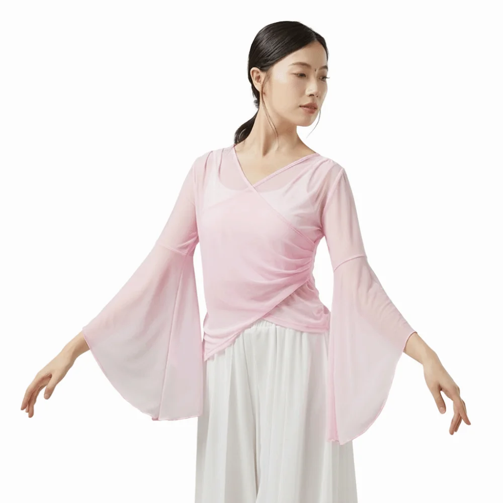 

Elegant Classical Dance Top Sheer Mesh Flowy Design Chinese Folk Dancewear Gauze Material Flared Sleeves Flared Sleeve Shirt