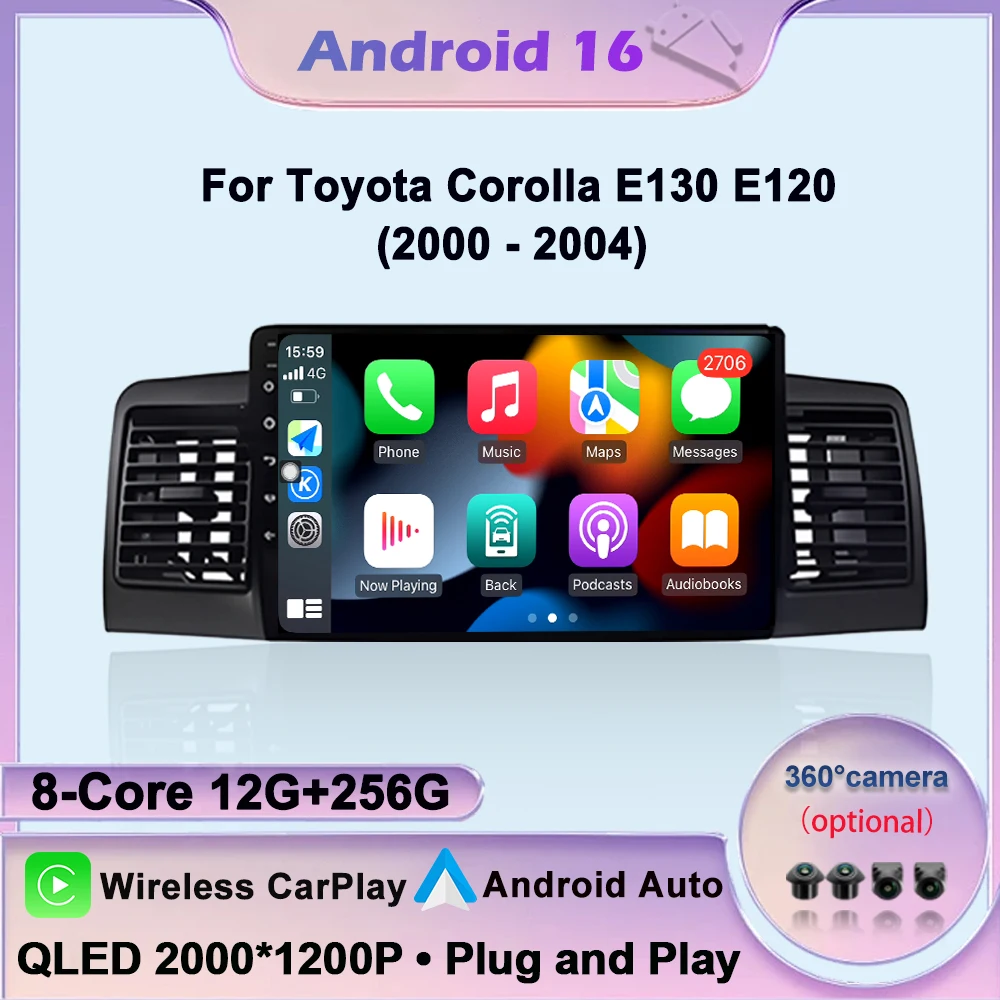 Android 16 Auto Carplay For Toyota Corolla E130 E120 2000-2004 GPS Car Radio Multimedia Video Navigation Stereo BT DSP WIFI