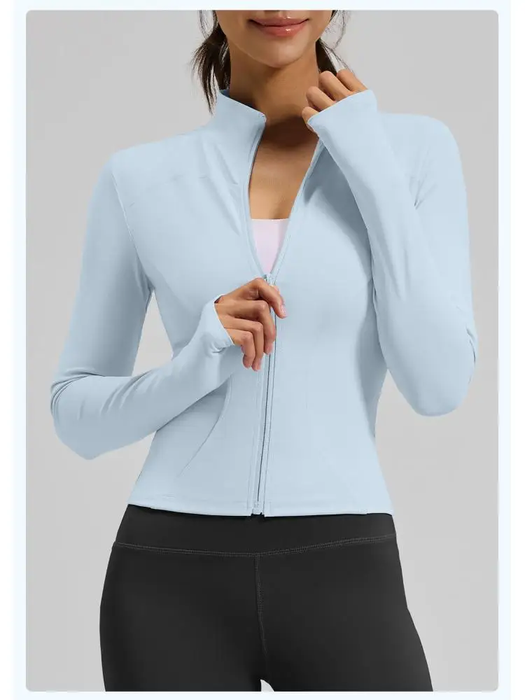 Women Slim Fit Athletic Jacket with Thumb Holes Stand Collar Curved Seam Workout Long Sleeve Top Yoga Tennis Daily Sports