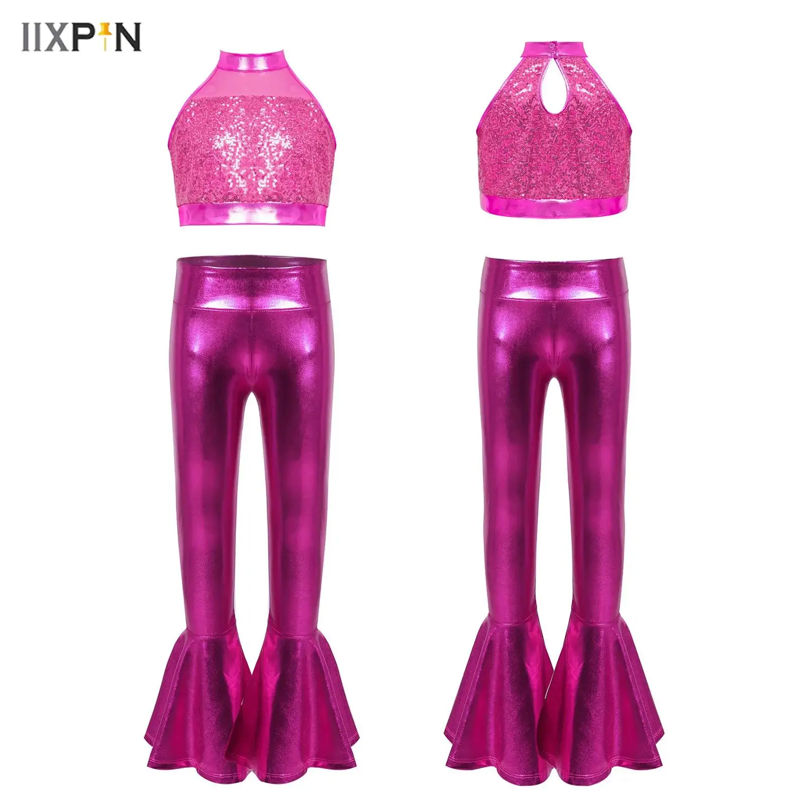 

Teens Girls Jazz Latin Dance Outfit Kids Stage Show Performance Costume Sleeveless Shiny Sequin Crop Top with Pants Dance Suit