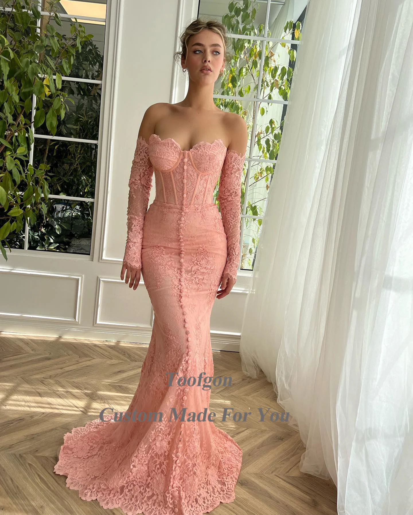 TOOFGON-Robe de Soirée en Dentelle Rose pour Femme, Tenue de Bal Formelle, Sirène, Manches sulf, lèvent, Mariage, Queue de Poisson