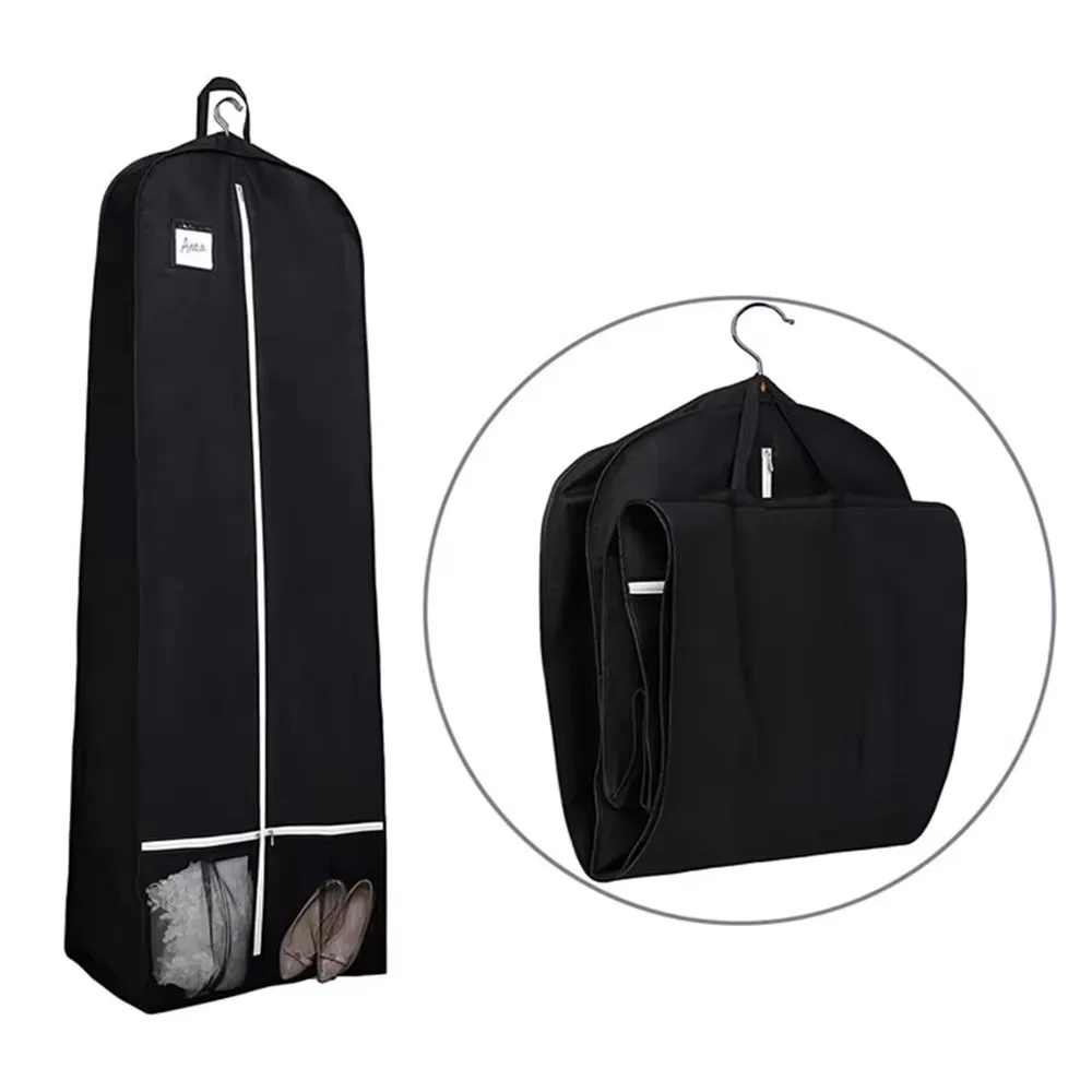 

Black Large Size Hanging Garment Storage Bag Foldable Wedding Dress Bridal Gown Dust Cover With ID Window And Extra Large Pocket