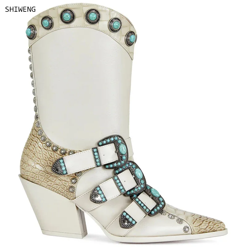 

Ботинки до середины икры с заклепками, 2025 г., женские ботинки с толстым ремешком на среднем каблуке, мягкая кожаная молния сбоку, рыцарь Botas Femininas