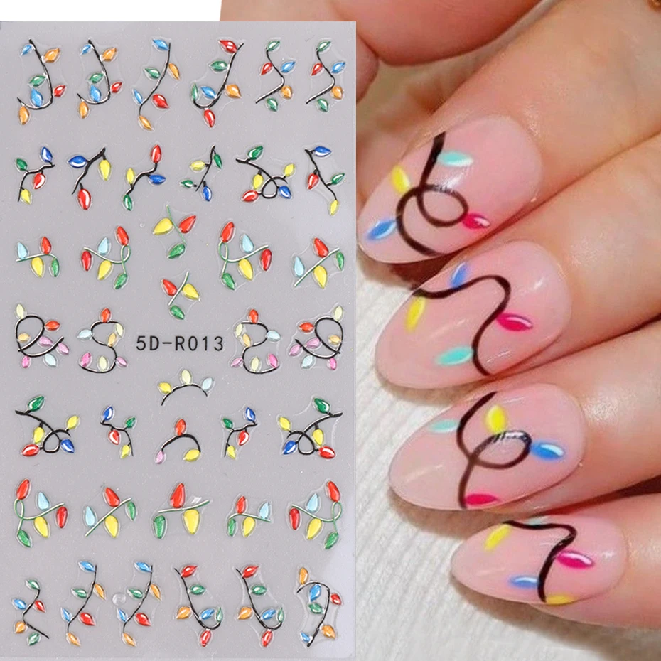 5D Colorful Christmas Light Embossed Nails Art Stickers Glove Snowflake Decals Self-Adhesive Bells Light DIY Manicure Decoration