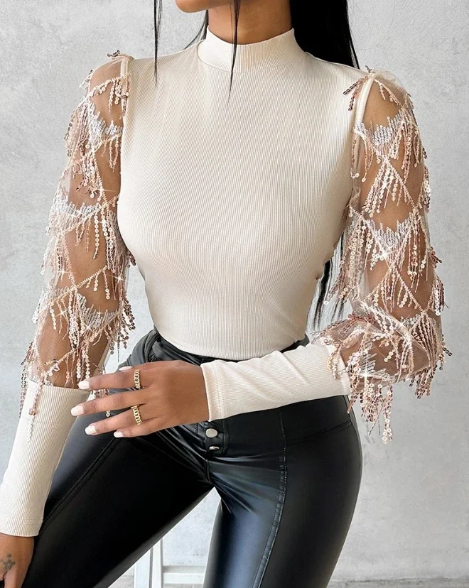 

Women's Contrast Sequin Tassel Decor Top Solid Color Mock Neck Casual Half High Collar Tops Daily Elegant Pullovers Y2k tops