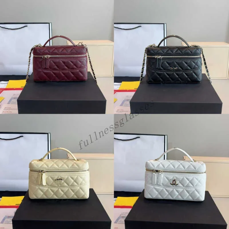 Bolso de hombro con cadena y asa de esmalte L P, estuche de maquillaje, neceser, bolso tote de piel de oveja caviar para mujer