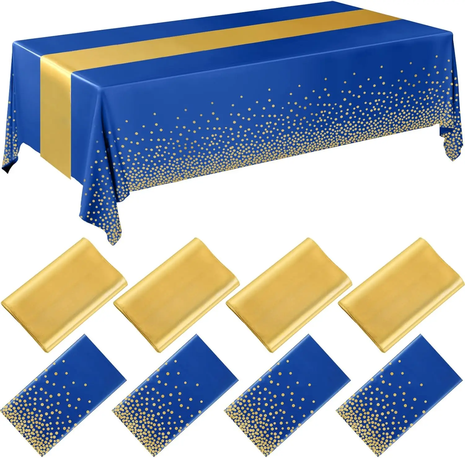 8er-Pack Blau-Gold-Einweg-Tischdecke aus Kunststoff, Satin-Tischläufer, 54 x 108 Zoll Tischdecke, 30,5 x 108 Zoll, Tischläufer, Neujahr, Hochzeit