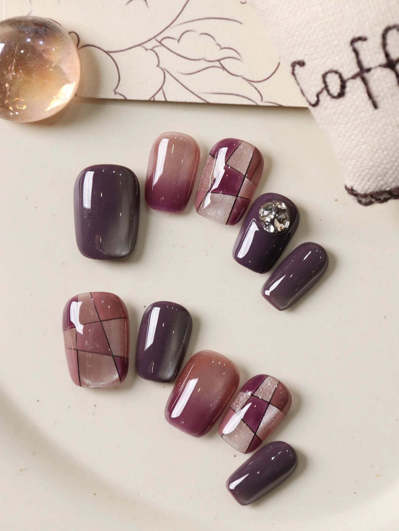 10Pcs Acrylic Press on Purple; Grid Cat's Eye Fake Nails Includes 1 Sheet of Adhesive Tabs & 1 Pc Mini File