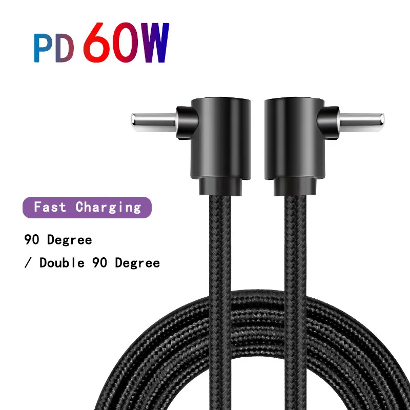 90 Degree Elbow USB Type C to Type C Charger Cable PD 60W Fast Charge Data Sync Cord For Xiaomi Samsung Phone Android Macbook