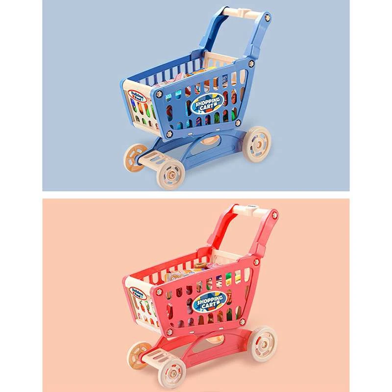L81A 2025-Gioco di ruolo Carrello della spesa giocattolo Set Finta carrello della spesa giocattolo con finta cibo Accessori da cucina per bambini