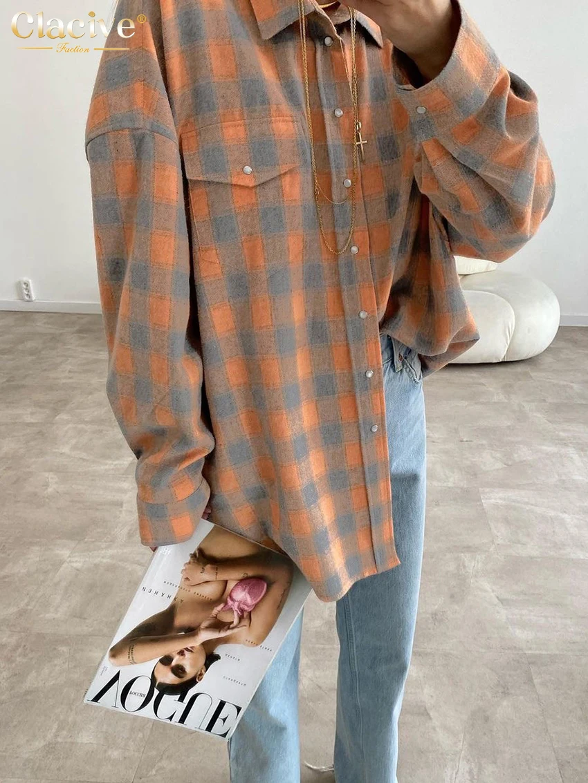 Clacive Vintage Loose Plaid Women\'S Blouse 2023 Elegant Lapel Long Sleeve Shirts And Blouses Casual Pocket Oversize Top Female