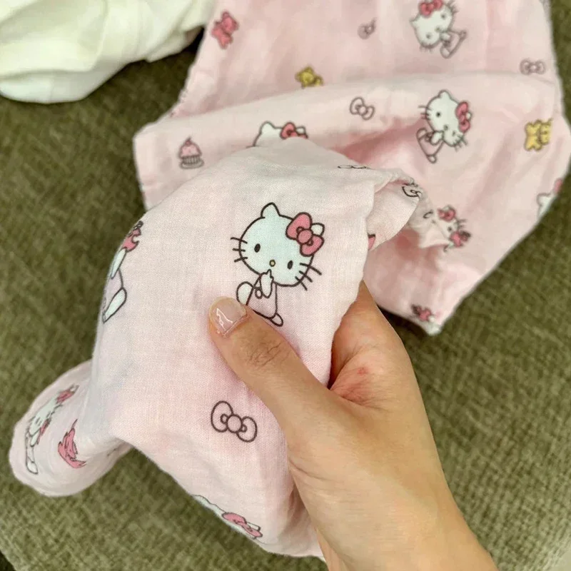 Sanrio Hello Kitty Pure Cotton Pajamas Loose Girls Cute Cartoon Summer Thin High Waist Casual Girly Pants Kawaii Gift