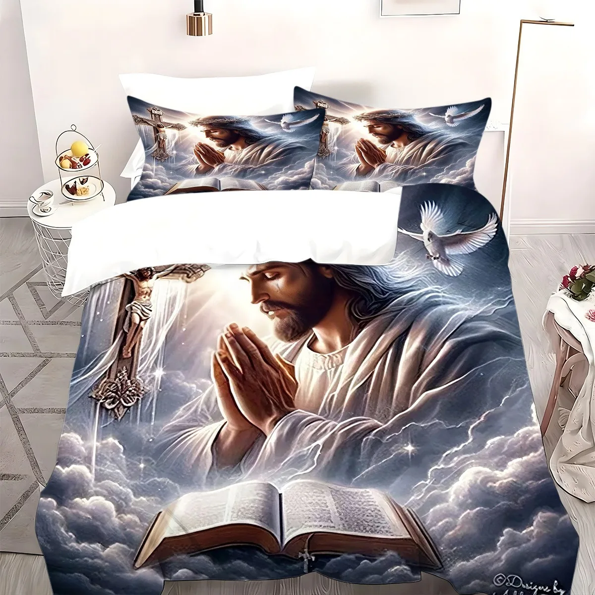 Christ Cross Bible Print Duvet Cover Set Soft Breathable Warm Christian Faith Bedding And All-Season Bedding with 2 Pillowcases