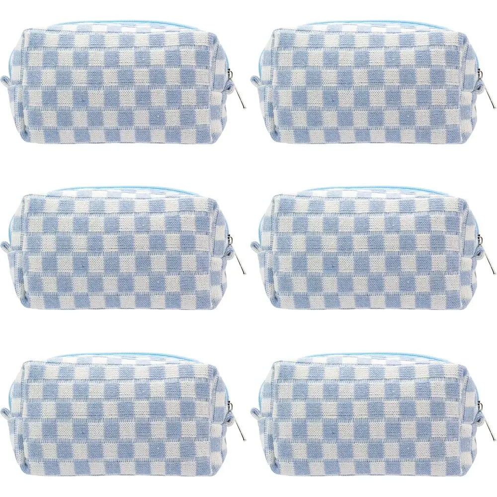 

Compact 6-Piece Blue Makeup Bag Set with Checkered Pattern for Travel and Cosmetic Storage