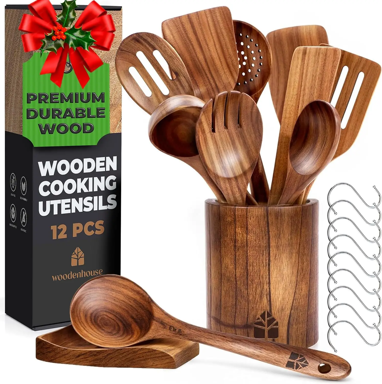 

12-Piece Teak Wood Cooking Utensils Set with Holder, Spoon Rest & Hooks - Nonstick Safe Kitchen Tools for Women Men