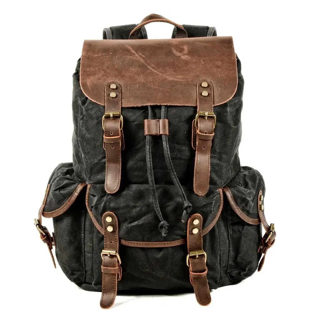 Mens Waxed Canvas Backpack Rucksack forwith Laptop Compartment Rustic Men Wax Leather Backpacks Travel Vintage Bookbag