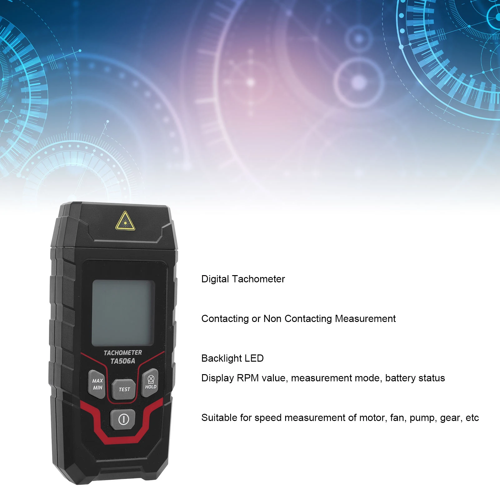 Digital Tachometer LED Backlight Industrial Rotation Speed Meter for Motor Fan Pump Gear Photoelectric Type TA506A