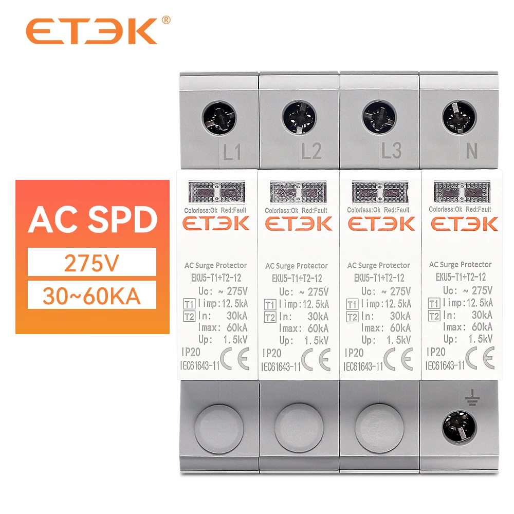 

ETEC SPD AC House Surge Protective Device 275V Protector Arrester Protection Type T1+T2 2P 4P 20KA~40KA 1P+N 3P+N EKU5