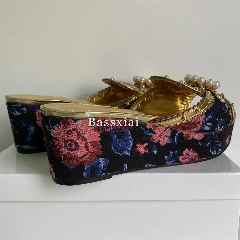 Sandales Brodées en Satin pour Femme, Mules d'Été à Plateforme Haute, Compensées, Décor de Rivets