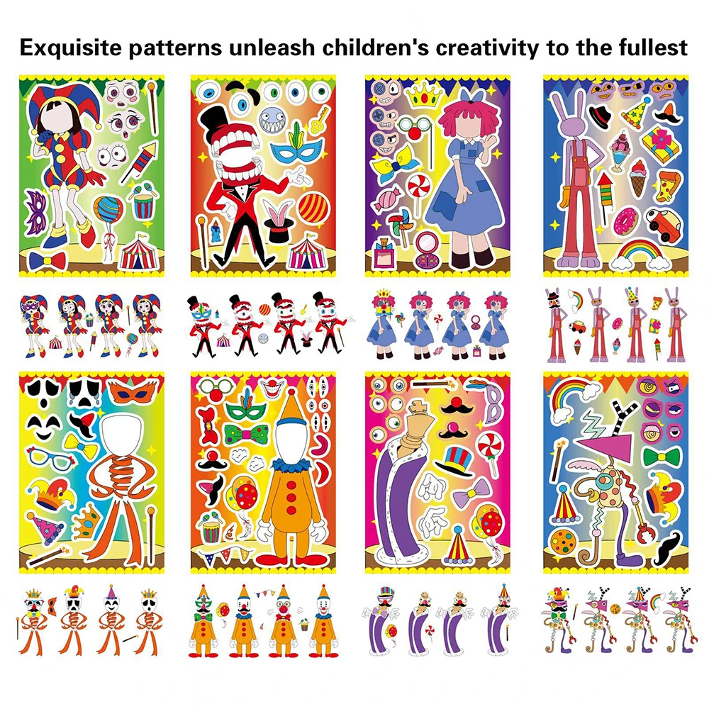 8/16Sheets Circus Clown Puzzle Stickers Kids Make a Face Game Children DIY Assemble Jigsaw Educational Toy Party Decoration Gift