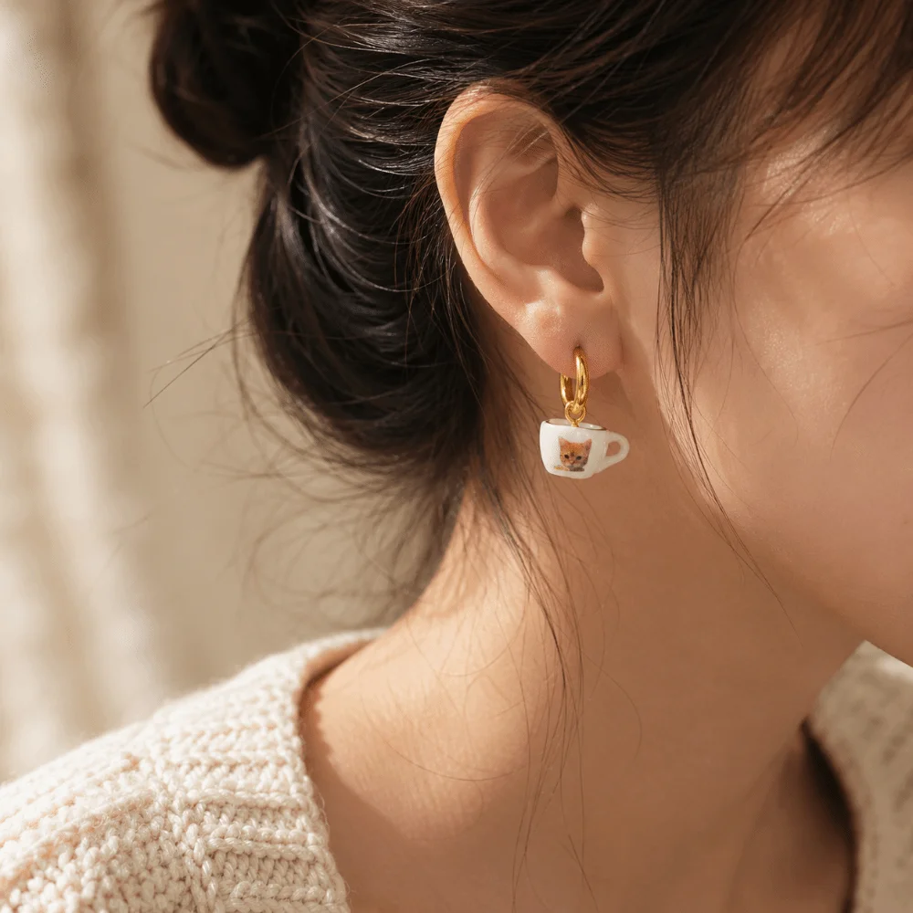 Dripping Oil Ginger Cat Pattern Hoop Earrings Cute Stainless Steel Plate Teacup Tea Pot Ear Buckle Sweet Y2K Porcelain Earrings