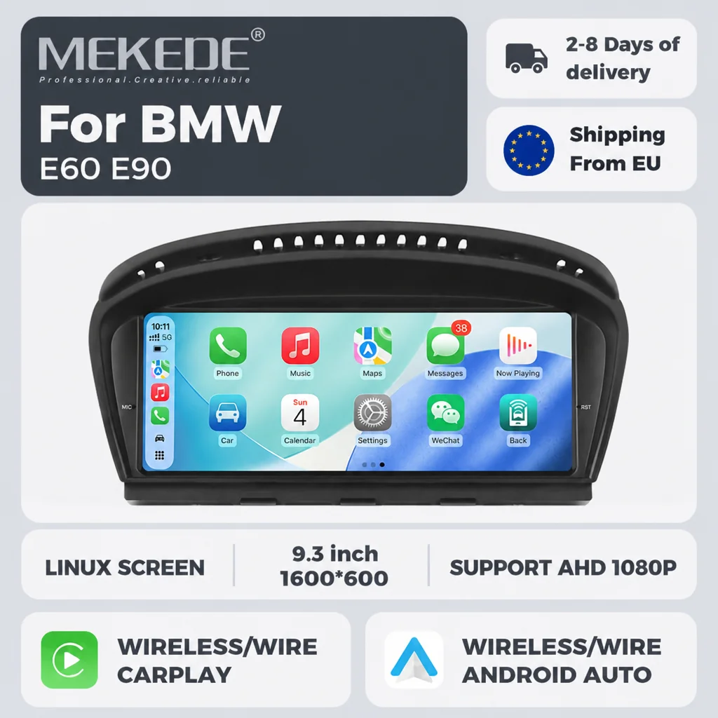 MEKEDE Linux-System 9,3-Zoll-Multimedia-Display-Bildschirm, kabelloses CarPlay, Android Auto für BMW 3er E90 E91 E92 E93 BMW 5er E60 E61 E62 E63 E64 CIC CCC-System