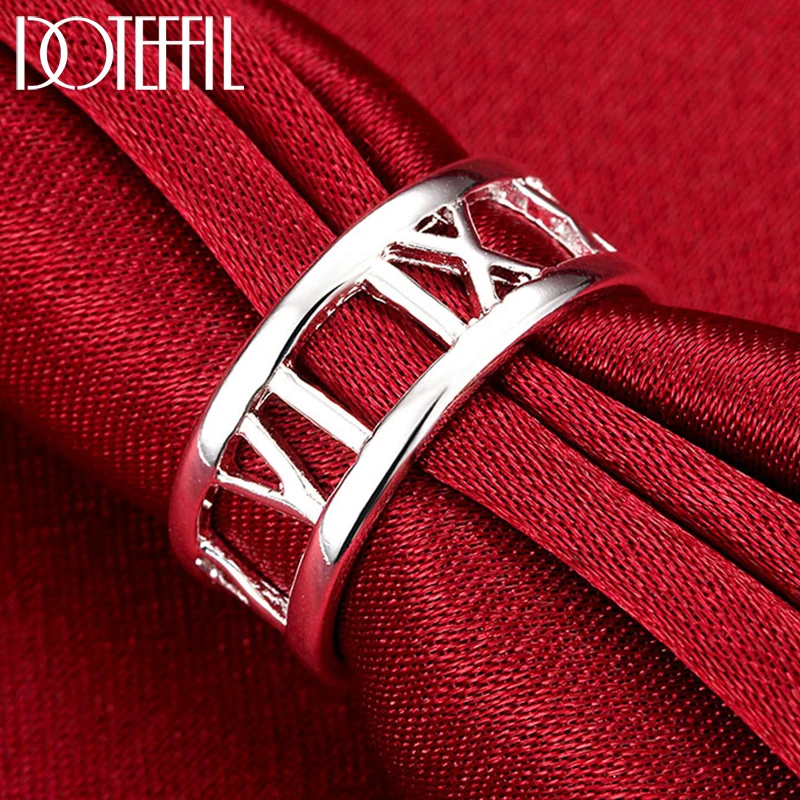 DOTEFFIL 925 Sterling Silver Hollow Roman Numerals Ring For Women Man Wedding Engagement Party Fashion Charm Jewelry