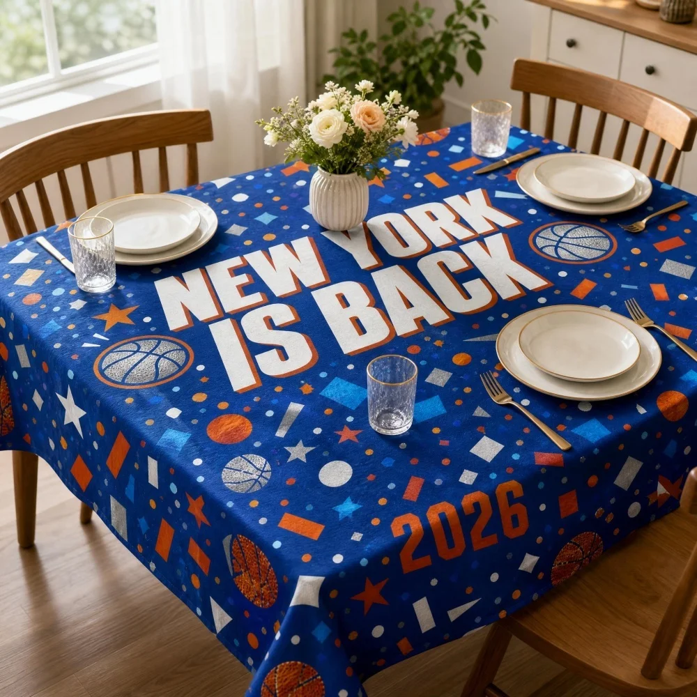 Basketball Themed Tablecloth, Blue Background Geometric Print Non-Waterproof Fabric Table Cover, Decorative for Sports Party