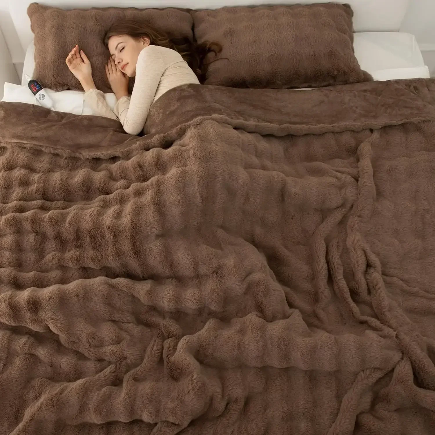 

Faux Rabbit Fur Bubble Heated Blanket Full Size Camel - Fuzzy Soft Electric Blanket with 6 Heating Levels & 10 Timer Settings,