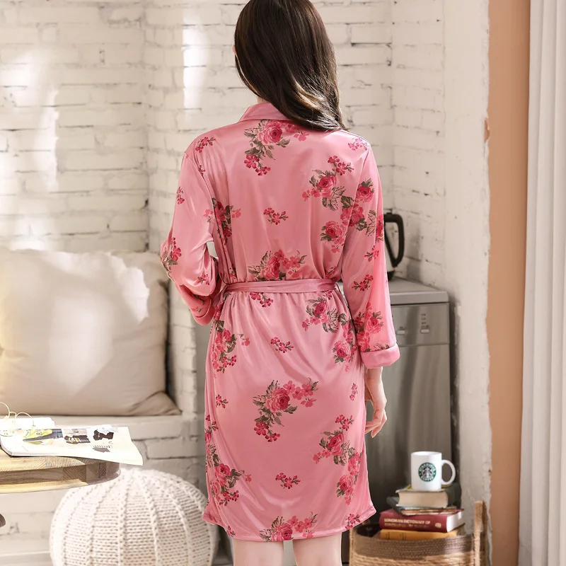 Women's Sexy Sleepwear Ice Silk Nightgown Robe Suit Printed Flowers Home Clothes Kimono Loose Casual Bathrobe Intimate Lingerie