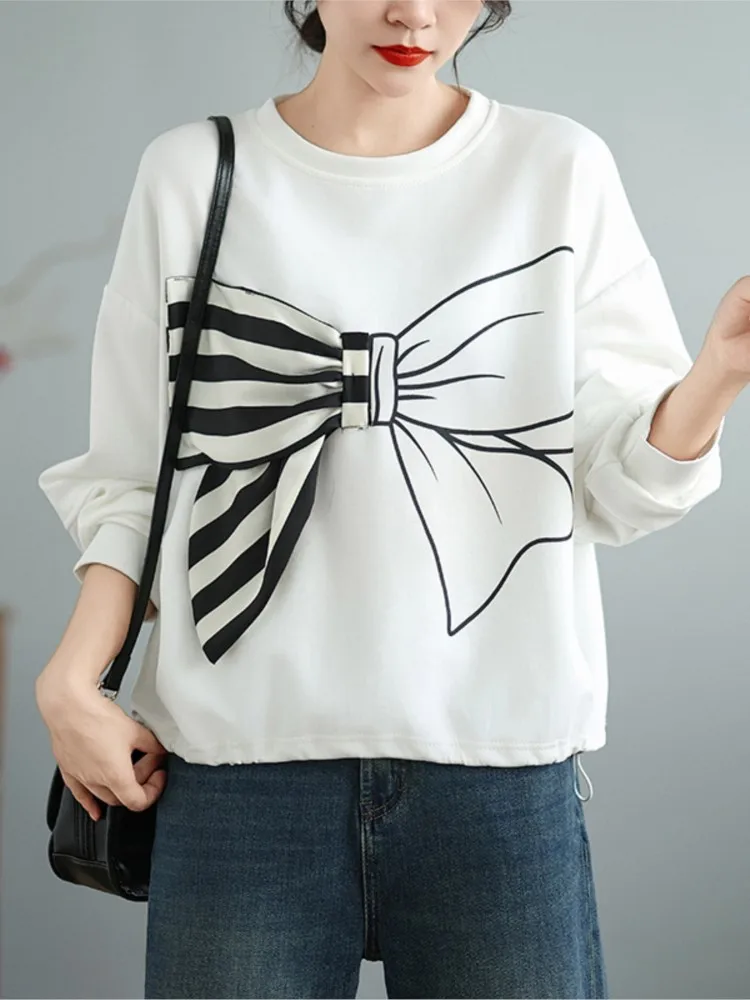 Oversized Autumn Sweatshirt Women Bow Patchwork Print Fashion Sweet Ladies Sweatshirts Loose Casual Long Sleeve Woman Sweatshirt