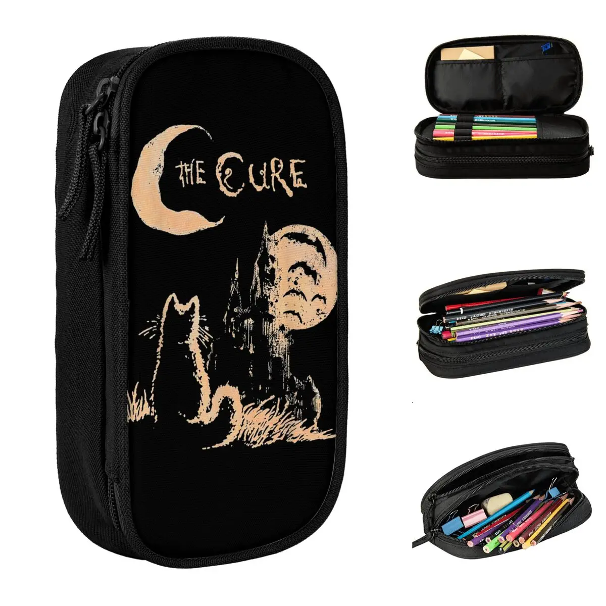 The Cure Cat Moon Pencil Case Robert Smith Music Band Pencil Box Pen for Student Large Storage Bags Office Zipper Stationery