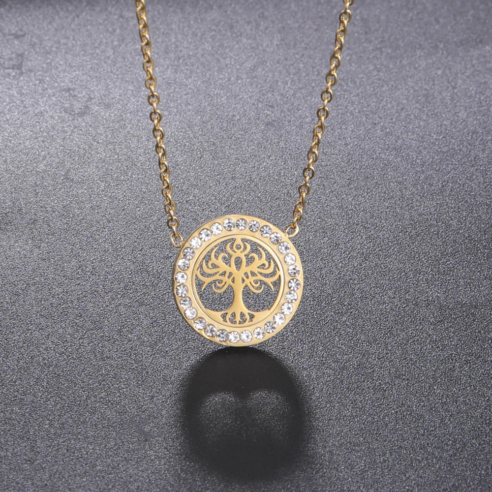 LIKGREAT Gold Plated Tree of Life Necklace Crystal Round Hollow Pendant Necklace Women Trendy Chokers Jewelry Gifts 2023 New