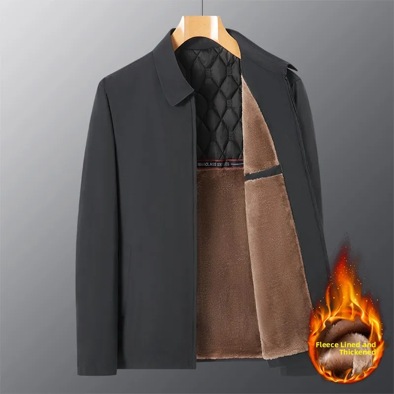 

Теплая зимняя куртка с флисовой подкладкой для мужчин, деловой стиль, полиэстер, длинный рукав, на молнии, верхняя одежда