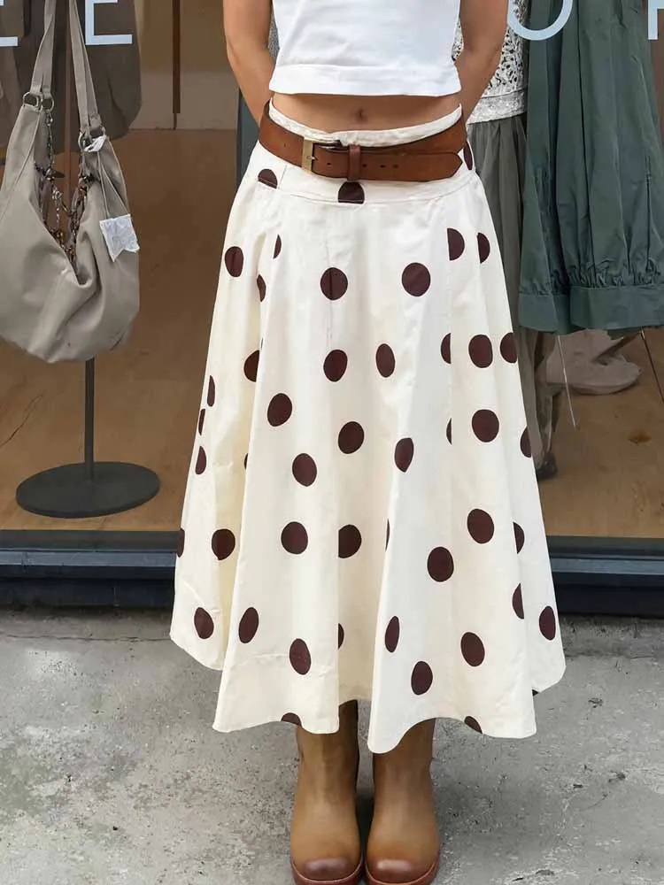 

MCDV Polka Dot Print Long Skirt For Women Vacation Style Fashion High Waist Pleat A-Line Midi Skirt Female 2025 New Casual Skirt