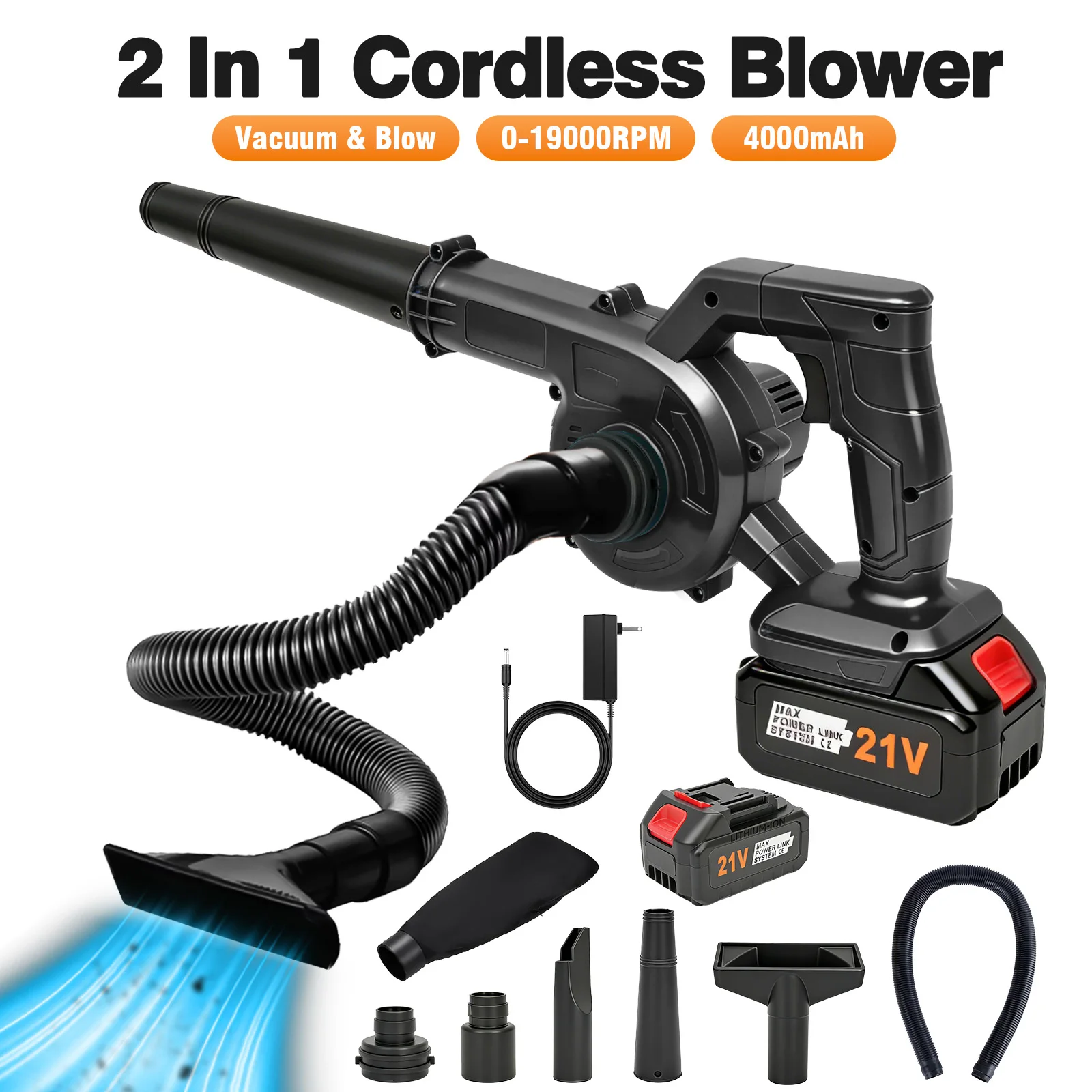 

Беспроводной электрический воздуходув-пылесос 2-в-1, 100 CFM, 21 В, 160 миль/ч, легкий, с аккумулятором 4,0 Ач, для уборки листьев и пыли в гараже