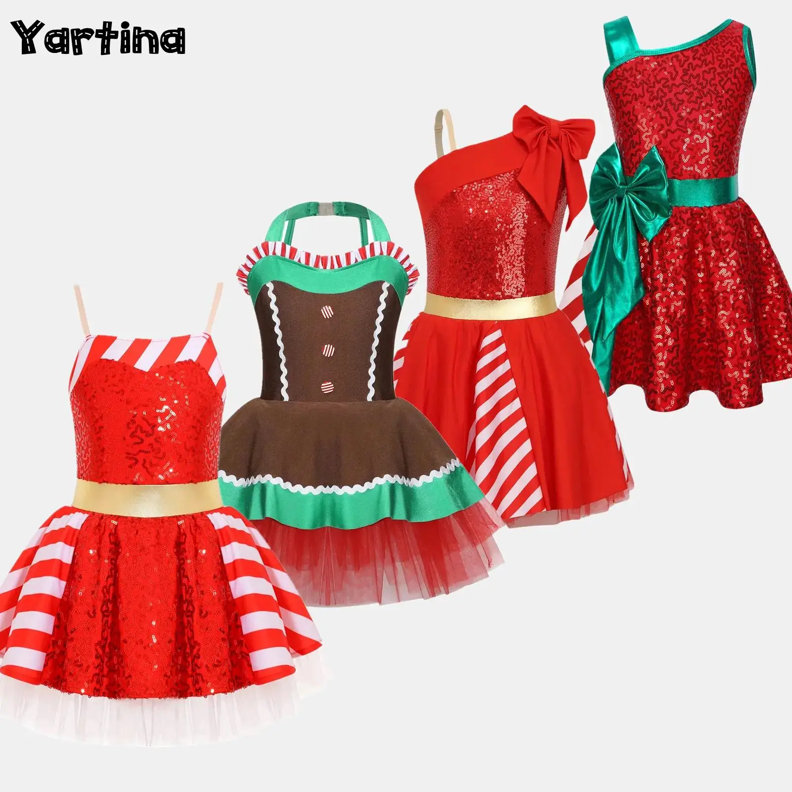 

Girls Shiny Sequin Xmas Christmas Elf Santa Claus Cosplay Costume Gymnastics Ballet Tutu Skating Leotard Candy Cane Dress
