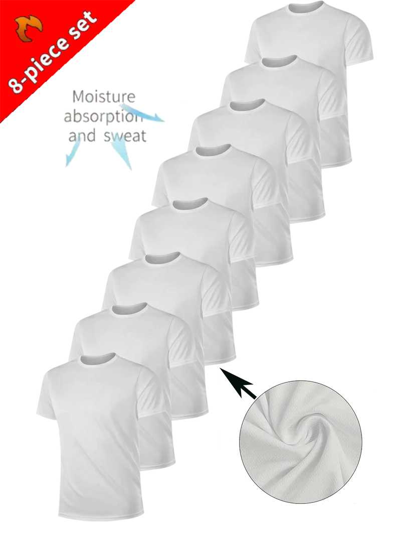 

Men's 8-Piece Solid White Round Neck Lightweight Breathable Moisture Wicking Casual Wear for Layering or Outerwear Gym Workout S