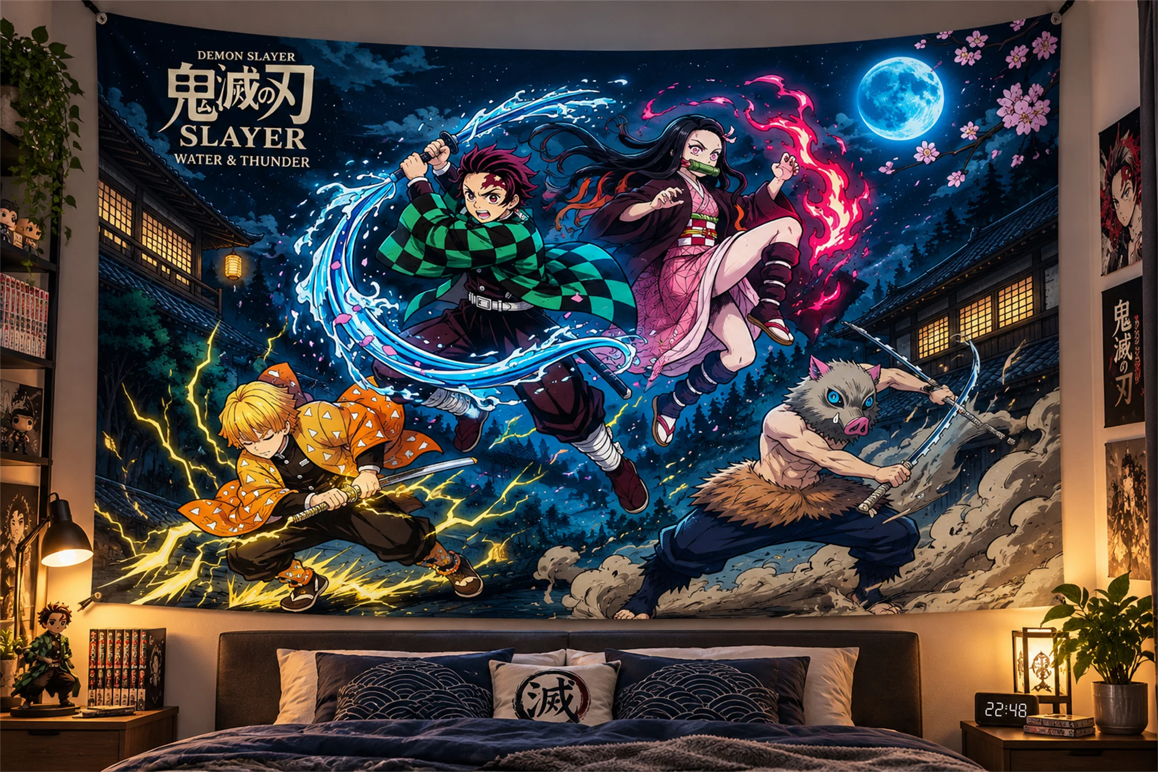 Demon Slayer Anime Wandteppich, Wandbehang, Druck mit dem Motiv der Schlacht zwischen Wasser und Donner, Schlafzimmerdekoration, Wandkunst für Studentenwohnheime, Geschenk für Fans.