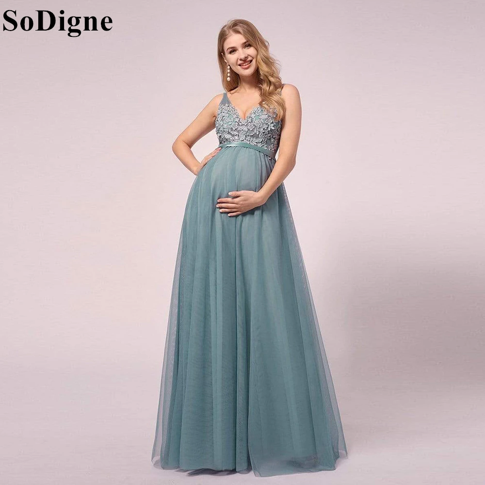 

SoDigne Elegant Tulle Maternity Dresses Spaghetti Straps Lace Appliques A-Line Pleated Party Gowns for Baby Showers Customized