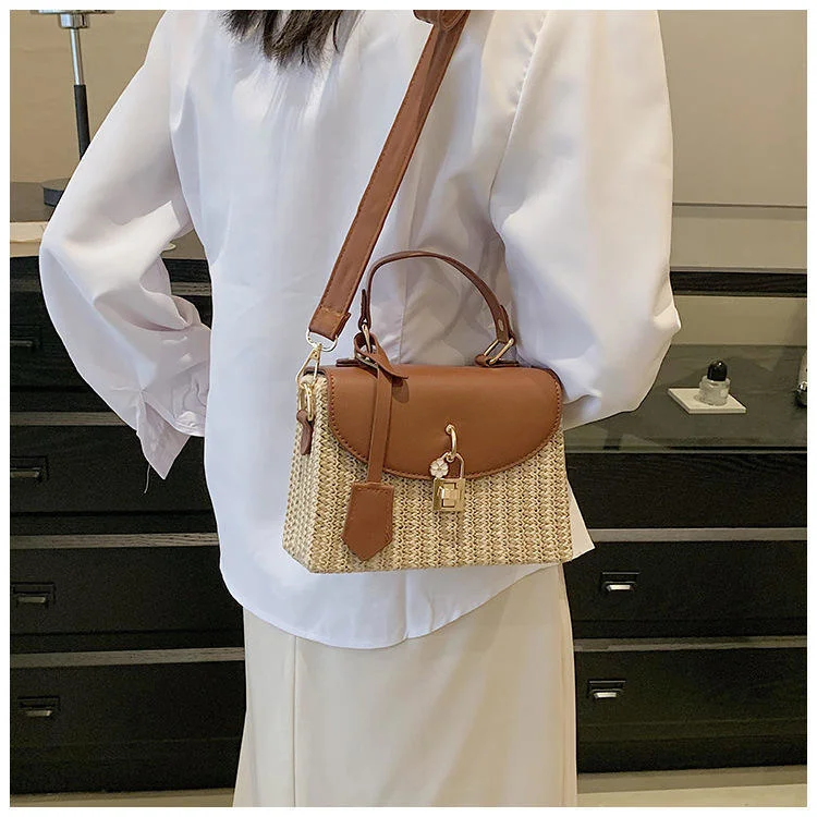 Fashion Women\'s Bag Korean Style Handbag Lock Button Straw Woven Small Square Shoulder Bag Purse For Ladies