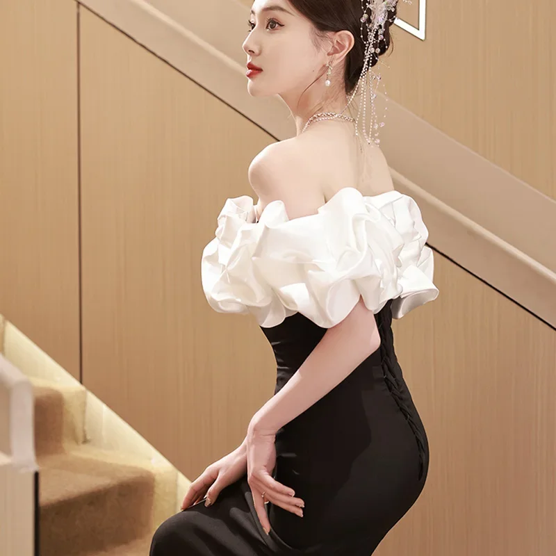 It's Yiiya Customized Evening Dress Black Off the shoulder Pleat Short Sleeves Floor-Length Mermaid Woman Party Formal Gowns