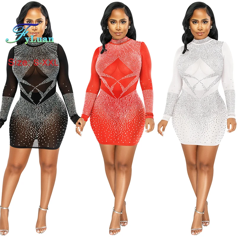 قائمة جديدة المرأة فستان قصير شبكة منظور طويلة الأكمام ضيقة التفاف الورك فستان رسمي حفلة موسيقية عالية مساء عيد ميلاد رداء