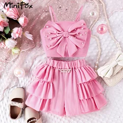 MiniFox Kids 2024 Clothes Girls Outfit Sets Trim Big Bowknot Beading Camisole+Beading Frill Shorts Summer Child Sets For Girls