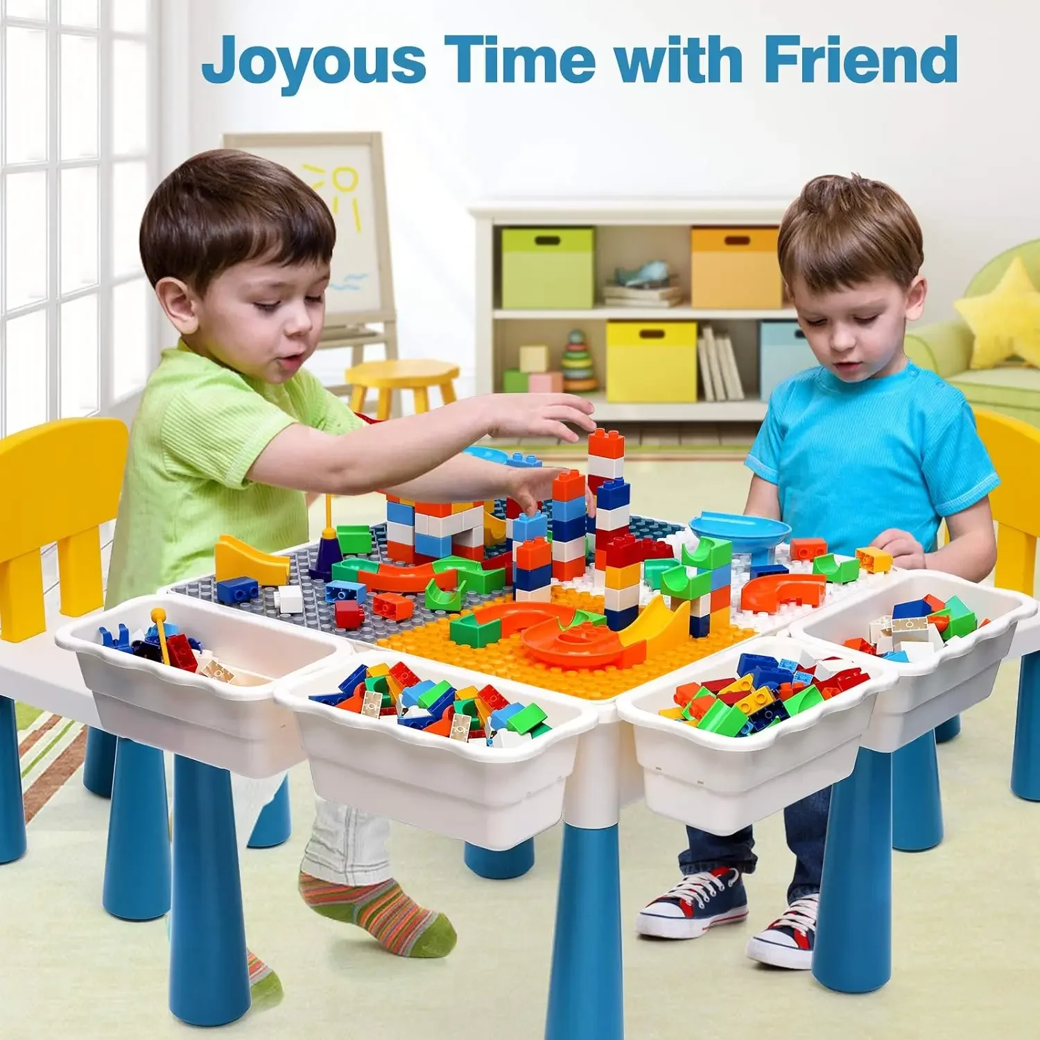 

Kids Activity Table and Chair Set with 152Pcs Large Marble Run Building Blocks, Sand/Water Table