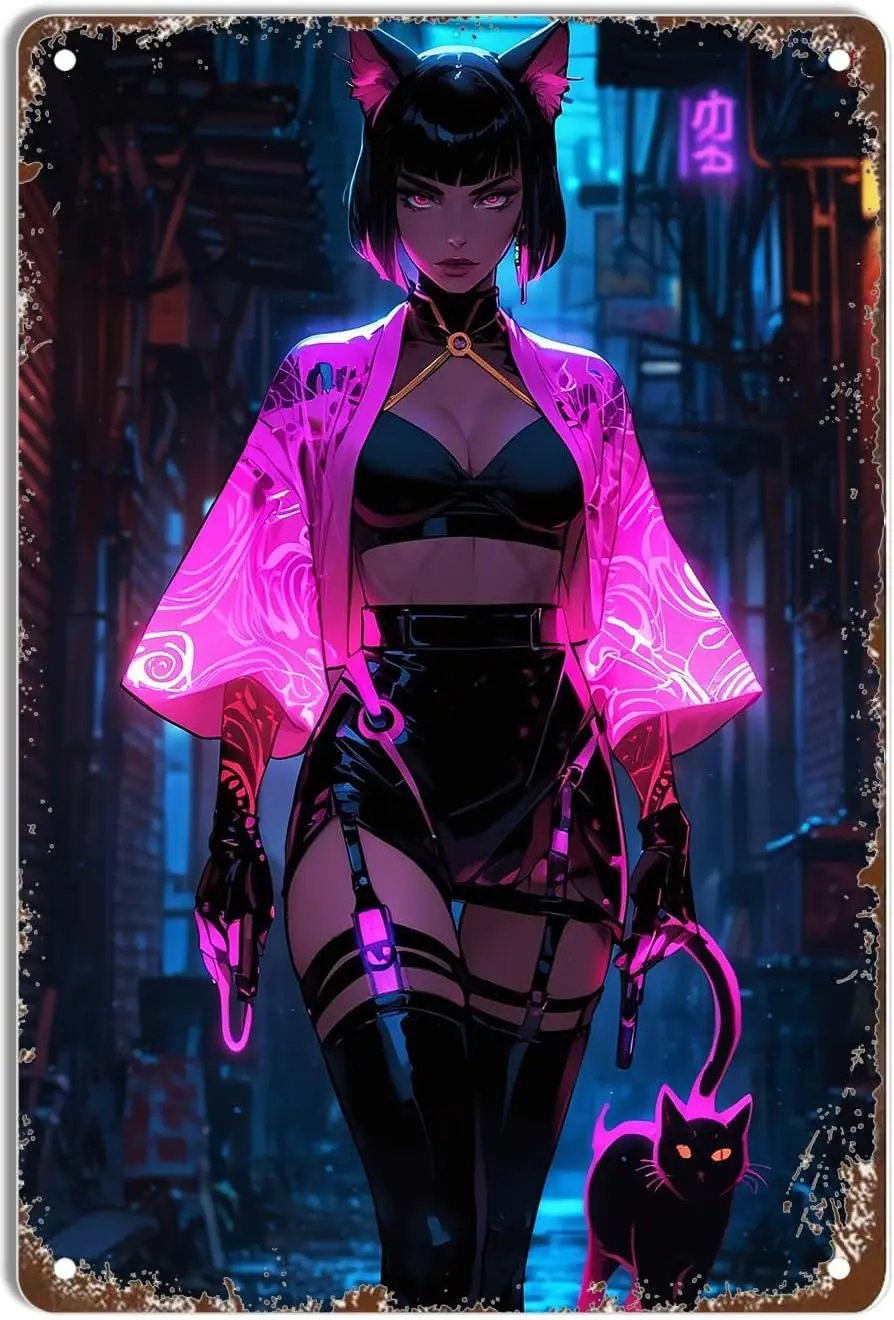 RUUHUYSA Metal Tin Sign Pin Up Girl Anime Hot Sexy Women Big Butt Cat Girl Iron Painting Home Family Lovers Gift Funny Bedroom N