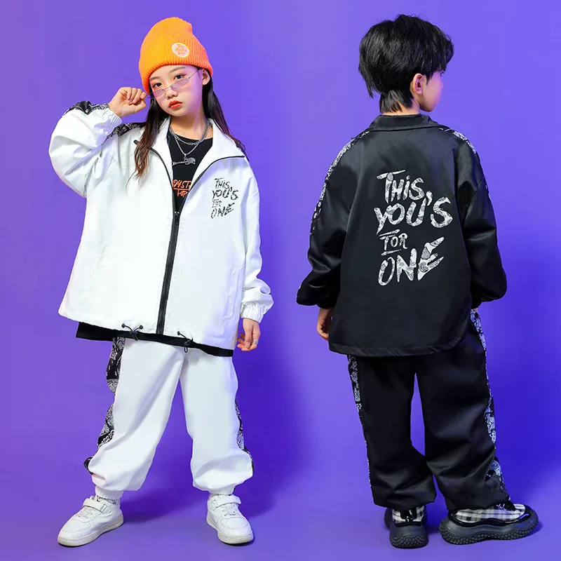 Kid Hip Hop Clothing Side Print White Black Zip Up Jacket Top Casual Jogger Pants for Girl Boy Jazz Dance Costume Clothes Outfit