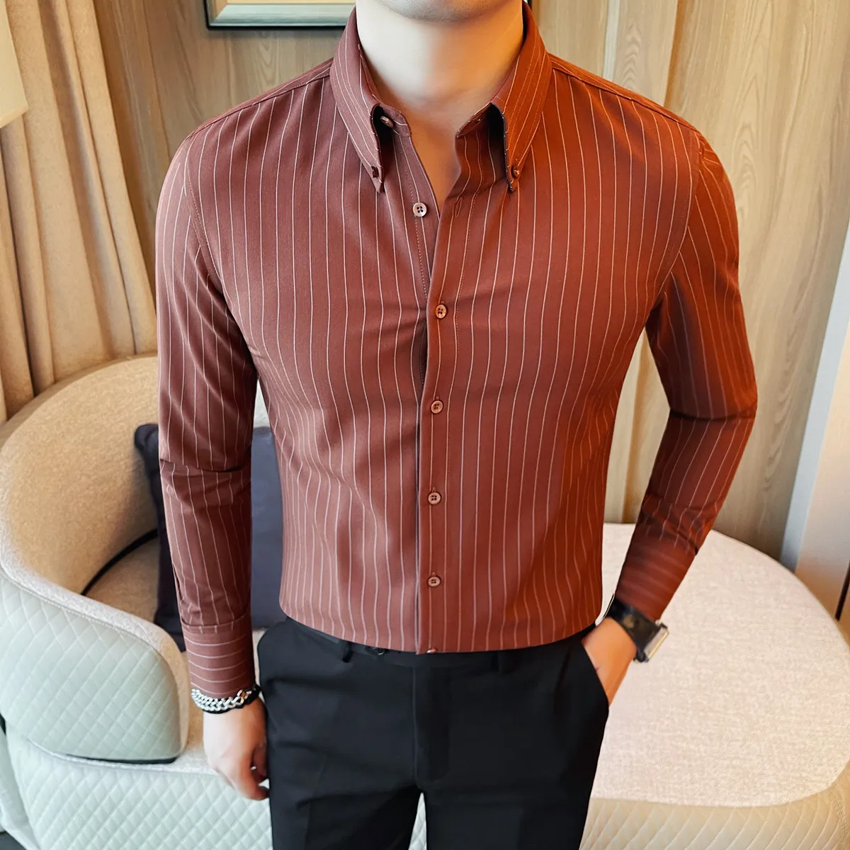 

New Men's Striped Long Sleeve Shirt Business Casual Slim Neck Bottom Shirt