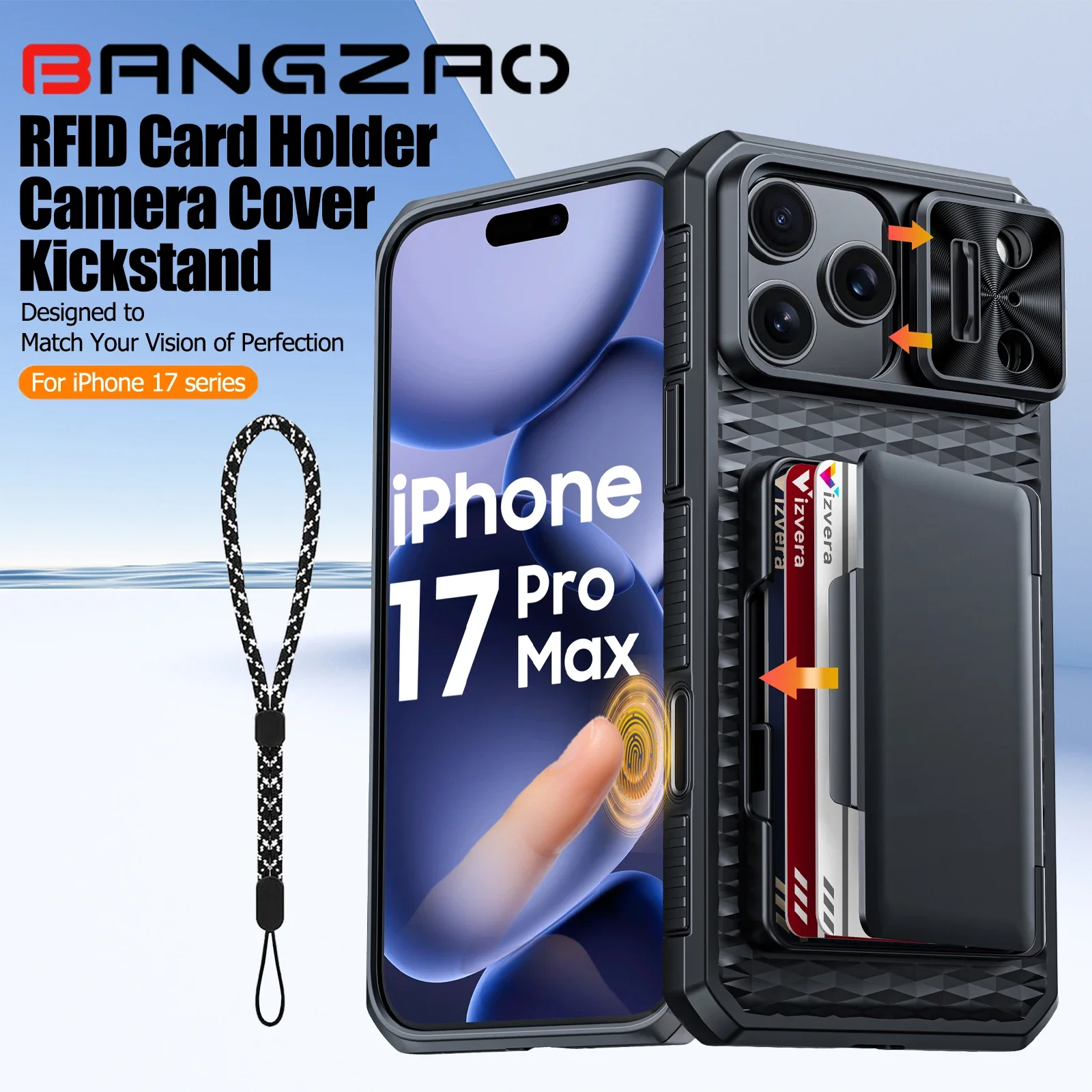 

С держателем для карт, раздвижной чехол для камеры и подставка для iPhone 17 Pro/17 Pro Max, чехол-кошелек с защитой от падения ПК + ТПУ — черный