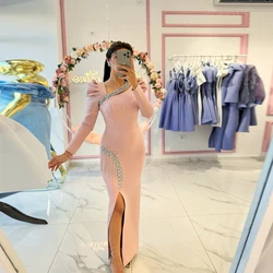 Pretty Pink Women's Mermaid Graceful Evening Dresses Long Sleeve Beaded Prom Gowns Sexy Side Split Formal Party Vestido De Noche